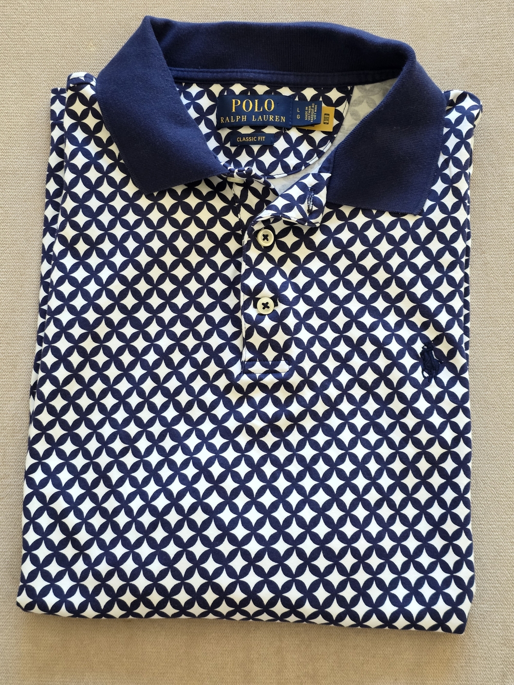 Polo Ralph Lauren Men’s Large Classic Fit Navy White Geometric Circle Print Polo